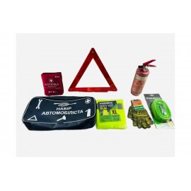 Набір автомобіліста. Сумка сіра (вогнегасник 1 кг, знак аварійної зупинки, рукавиці, жилет, аптечка, трос буксирувальний)